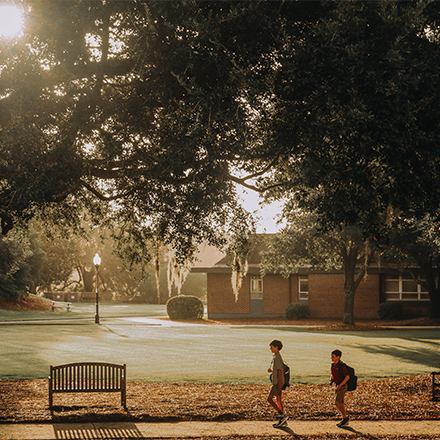 A picture of two kids walking in a park with a sun glowing on them