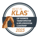 Here you go: A circle logo that says Best in Klas (trademark) - ERP Business Transformation and Implementation Leadership 2022, with a drawing of a natural brown stone archway.