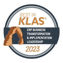 A circle logo that says Best in Klas (trademark) - ERP Business Transformation and Implementation Leadership 2023, with a drawing of a natural brown stone archway.