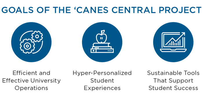 A list of the goals of the ‘Canes Central project, with icons depicting each goal.