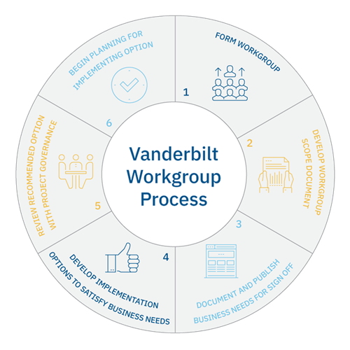 A circle graphic depicting six steps in Vanderbilt’s workgroup process.