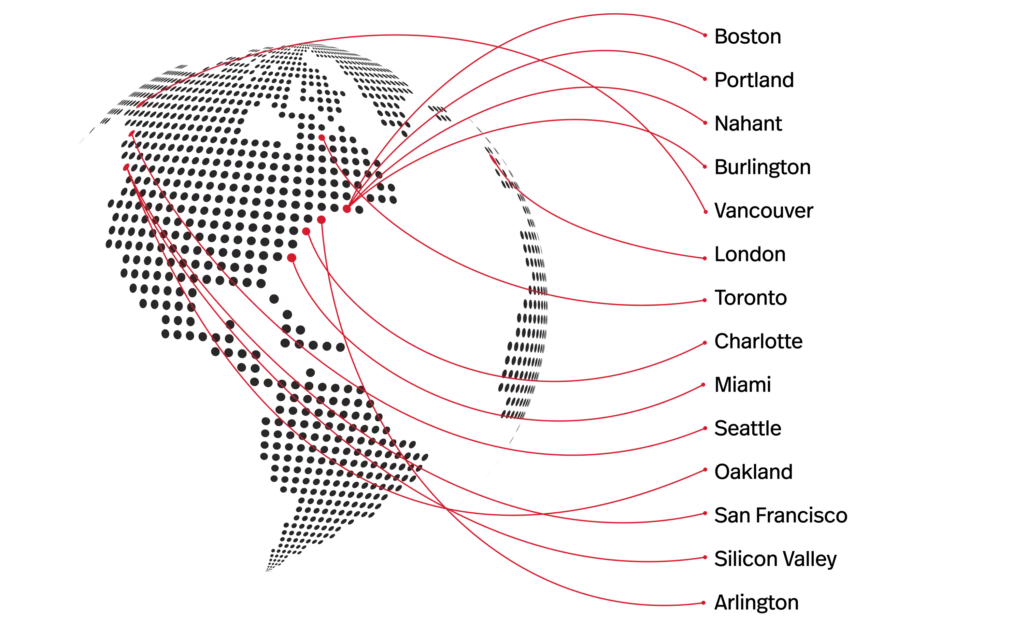 The graphic shows Northeastern University’s global university system that provides the institution across countries worldwide.