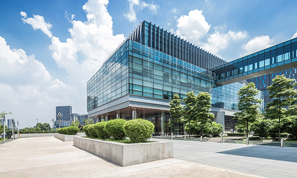 An aerial image of a office building on a sunny day