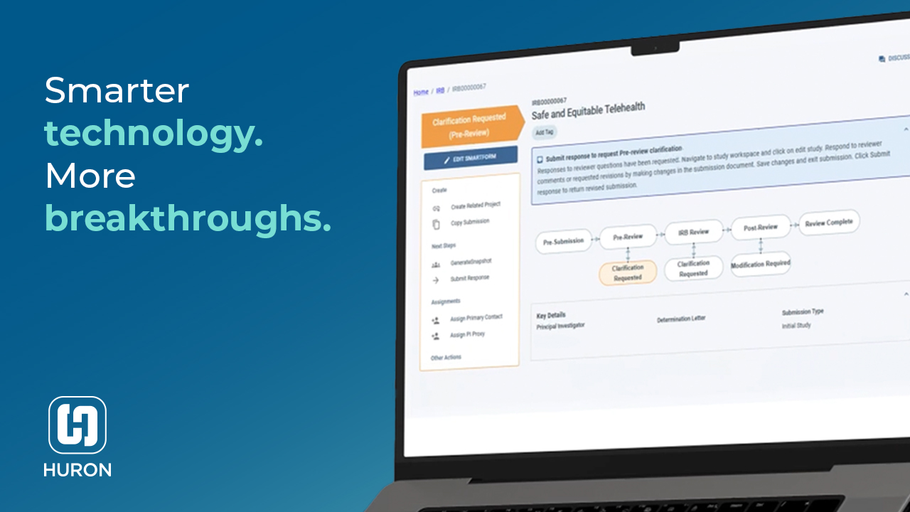 A video thumbnail for smarter technology, more break through discussion involving Huron Research Suite